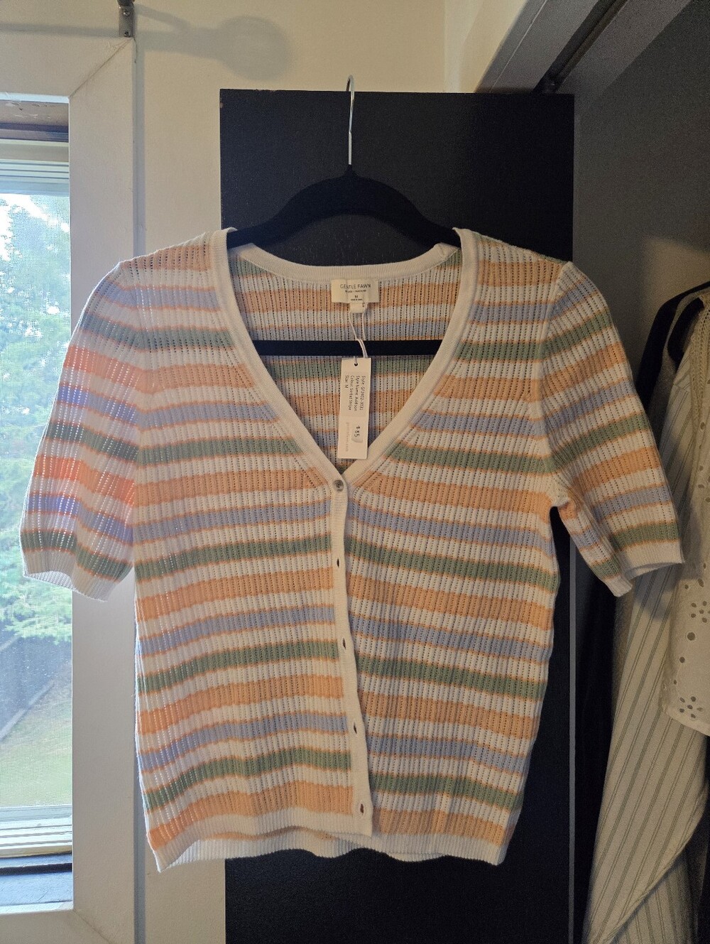 Gentle Fawn Short-Sleeve Striped V-Neck Cardigan Sweater - Pastel Stripe